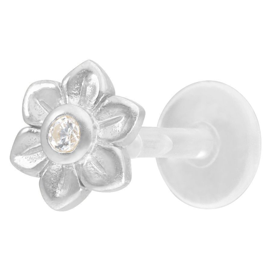 Labret floreale in argento con cristallo chiaro su sfondo bianco