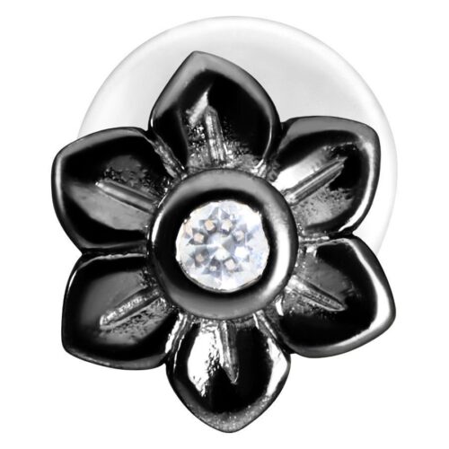 Labret nero a forma di fiore con cristallo chiaro su sfondo bianco
