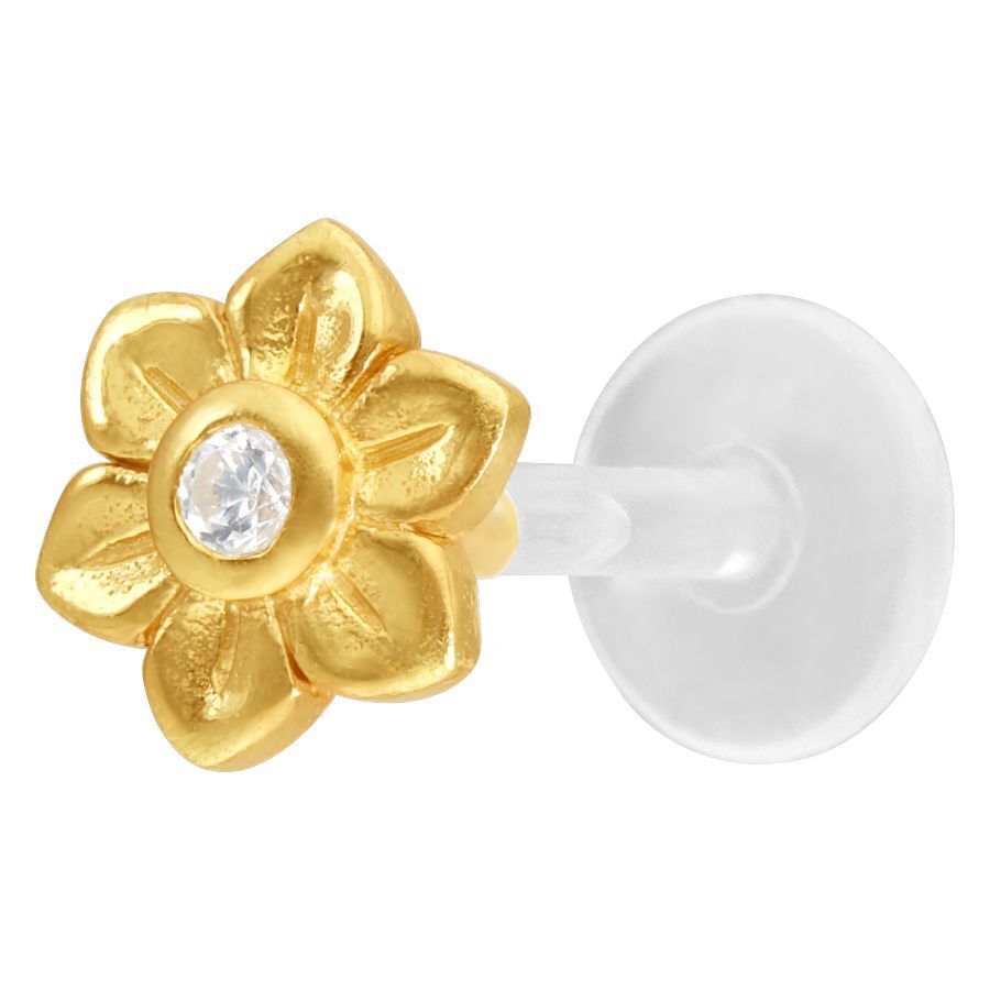 Labret dorato con fiore e cristallo chiaro su sfondo bianco