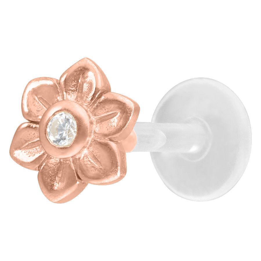 Flower Push-Fit Labret in oro rosa con cristallo su sfondo bianco