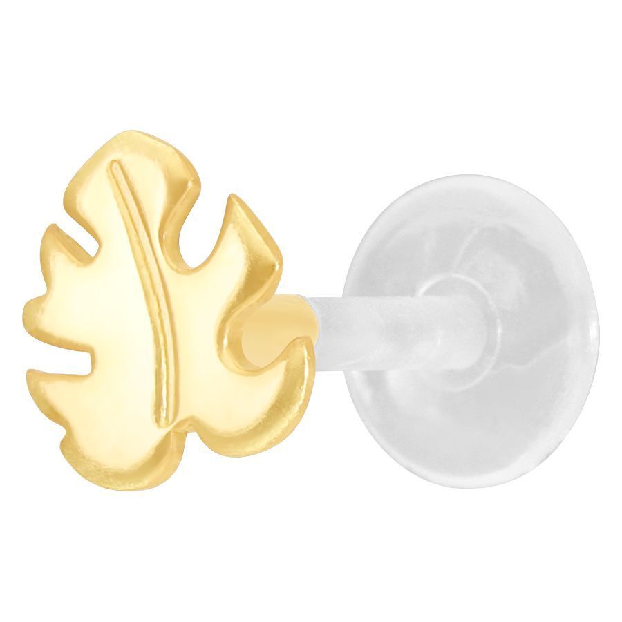 Labret Monstera dorato con asta in bioplastica su sfondo bianco