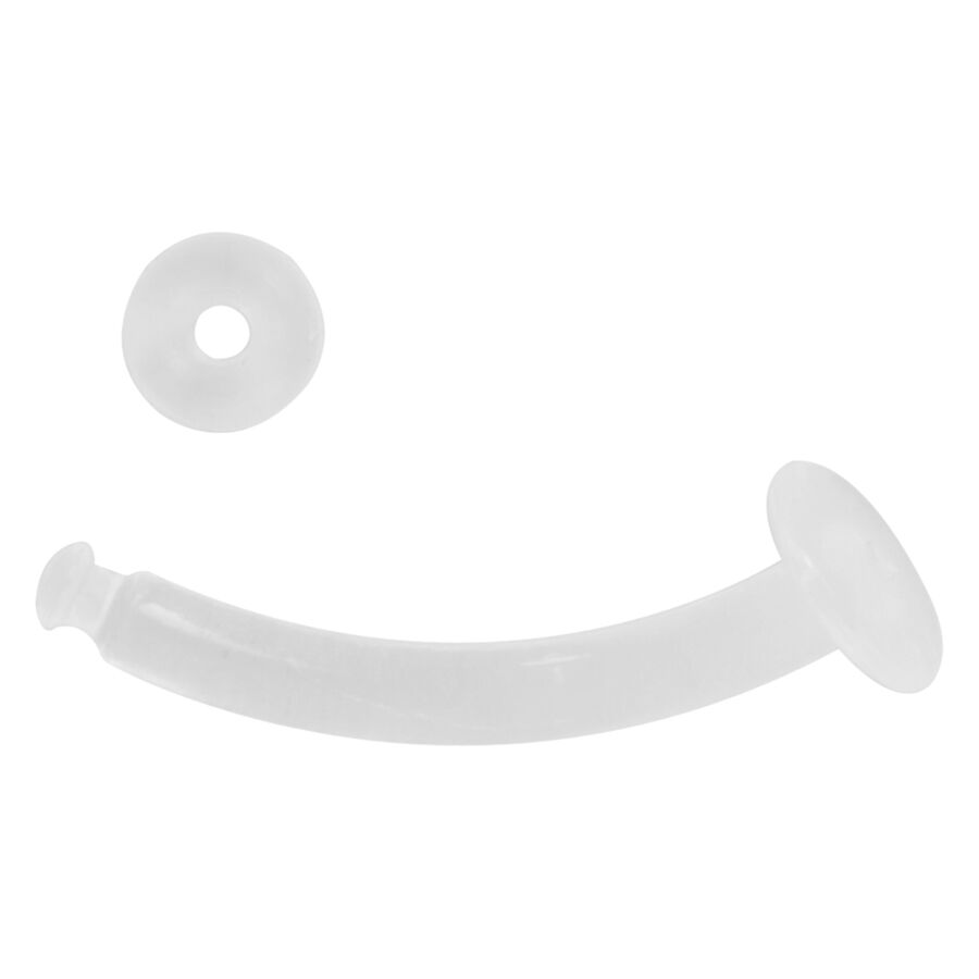 Barra piercing in bioplastica trasparente e sottile con disco rotondo su sfondo bianco