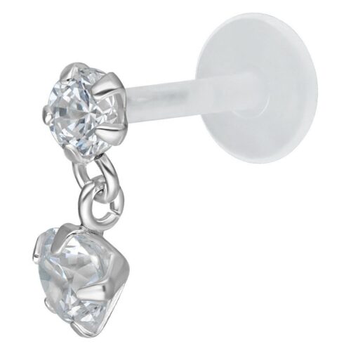 Labret Push-Fit in argento con pendente di cristallo chiaro su sfondo bianco