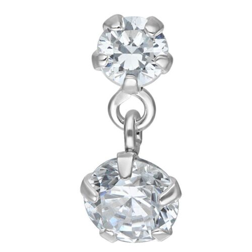 Labret in argento con due cristalli chiari su sfondo bianco