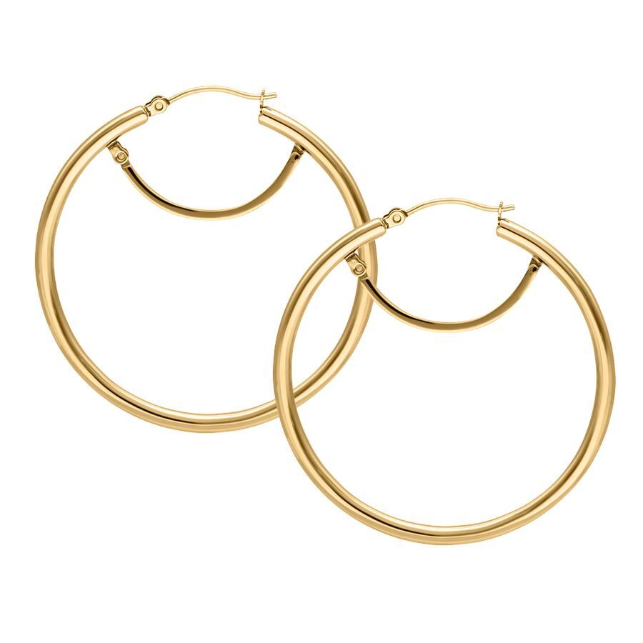 Orecchini a cerchio basic dorati 45 MM Coppia di orecchini a cerchio dorati con chiusura a scatto su sfondo bianco