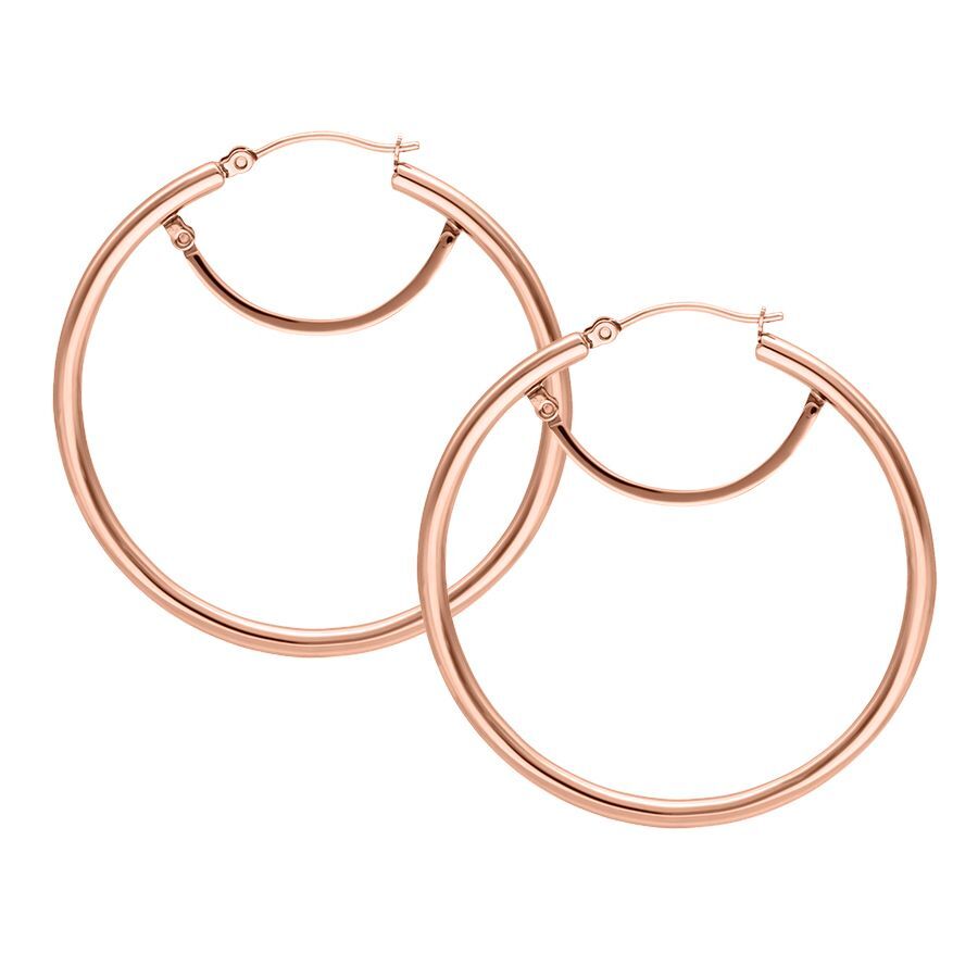 Orecchini a cerchio in oro rosa, 45mm, chiusura a scatto, su sfondo bianco