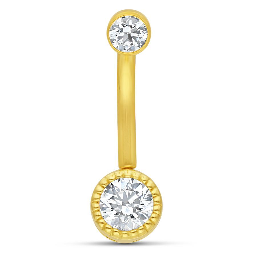 Microbananabell in oro 18K con cristallo Bananabell dorato con due cristalli chiari su sfondo bianco