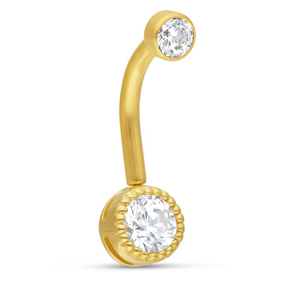18K Gold Bananabell con cristallo chiaro Bananabell dorato con due cristalli chiari su sfondo bianco