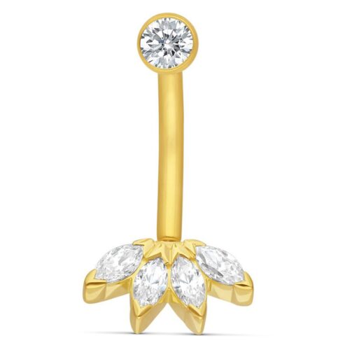 Microbananabell dorato con cristalli chiari su sfondo bianco