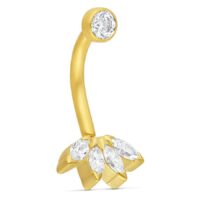 Bananabell in oro 18K con fiori di cristallo Bananabell dorato con cristalli chiari su sfondo bianco