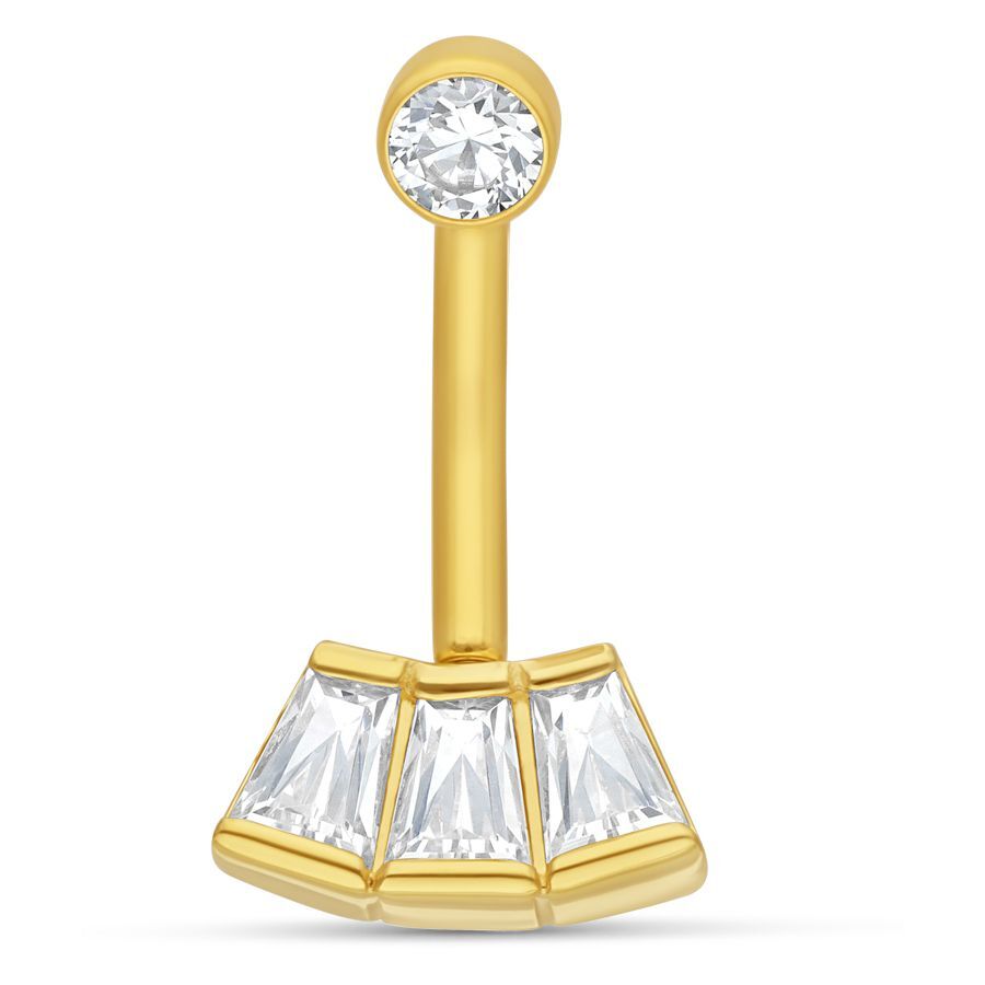 Microbananabell in oro 18K con cristalli baguette Bananabell dorato con cristalli chiari su sfondo bianco