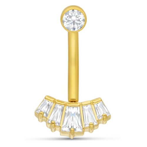 Microbananabell dorato con cristalli baguette chiari su sfondo bianco