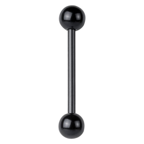Barbell piercing nero con due palline su sfondo bianco
