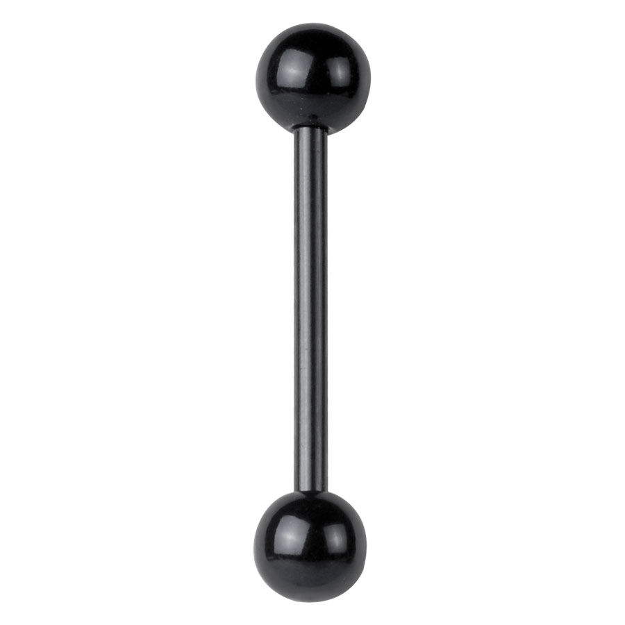 Barbell piercing nero in Bioplast Barbell piercing nero con due palline su sfondo bianco