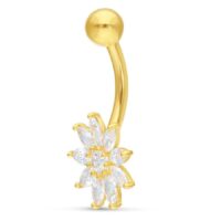 Piercing ombelico in oro 18k con fiore di cristallo su sfondo bianco