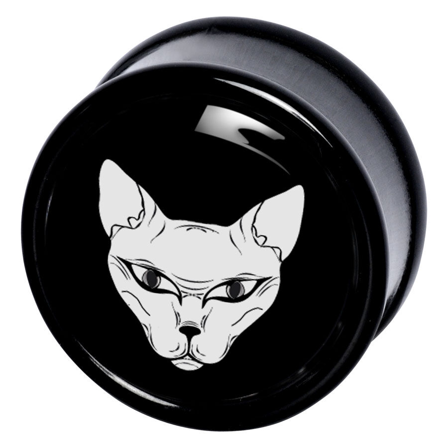 Plug nero con testa di gatto bianco su sfondo lucido