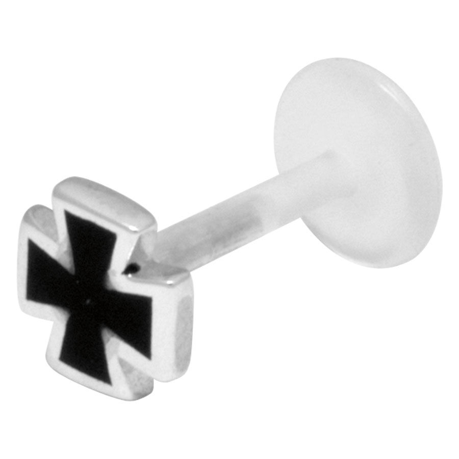 Labret nero con design a croce in argento e bioplast su sfondo bianco
