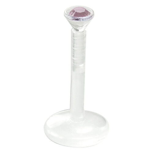 Transparenter Labretstecker aus Bioplast mit Amethyst-Kristall auf weißem Hintergrund