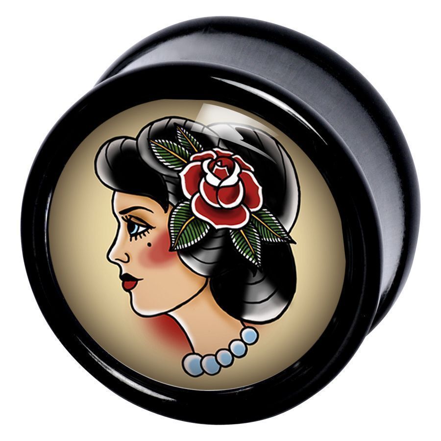 Oldschool Plug con ritratto di donna e rosa Plug nero con ritratto di donna oldschool, rosa e collana di perle