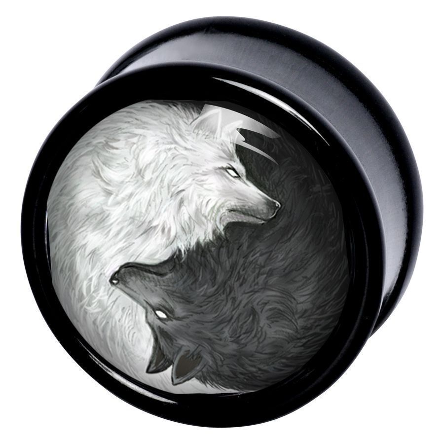 Wolves Pack Plug in PMMA Plug nero con motivo di lupo Yin-Yang su sfondo bianco
