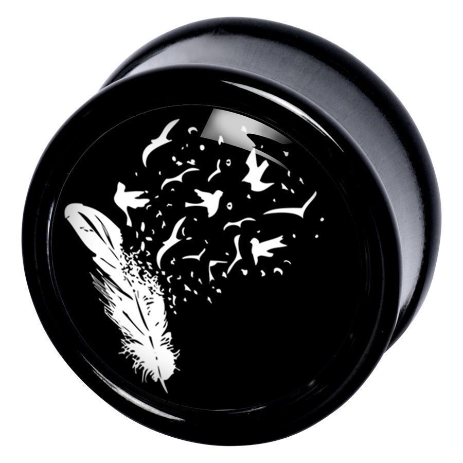 Plug nero con motivo di piume e uccelli Plug nero in PMMA con motivo bianco di piume e uccelli su sfondo nero