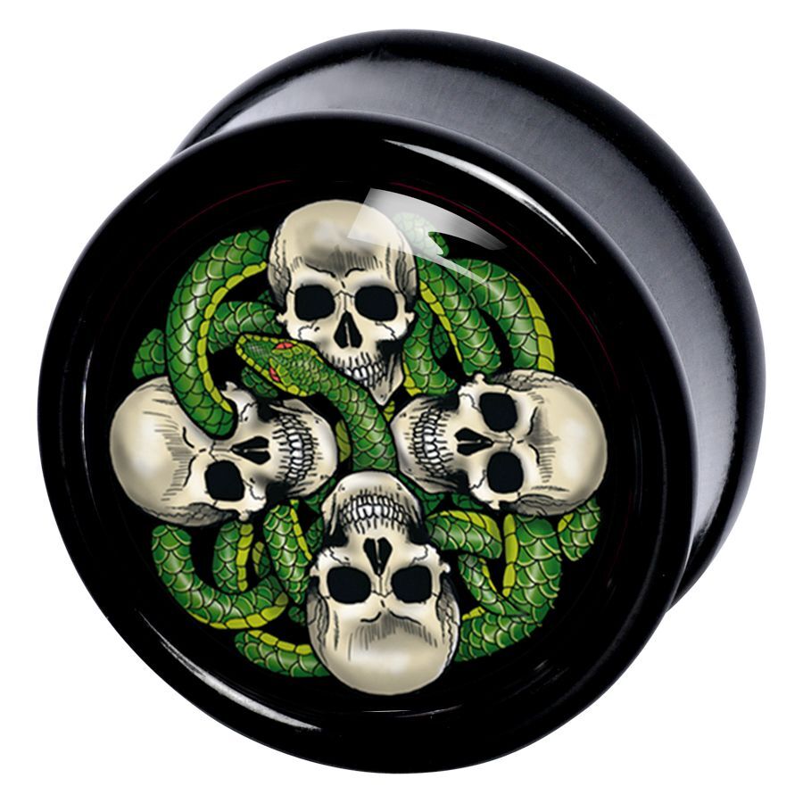 Plug nero con serpenti verdi e teschi su sfondo nero