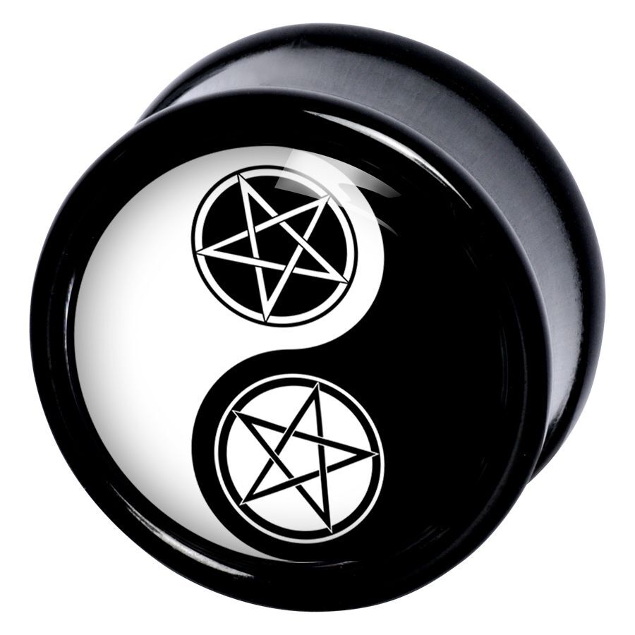Pentagramma Yin Yang Plug in Nero-Bianco Plug rotondo con motivo Yin-Yang e pentagrammi, nero-bianco, su sfondo bianco