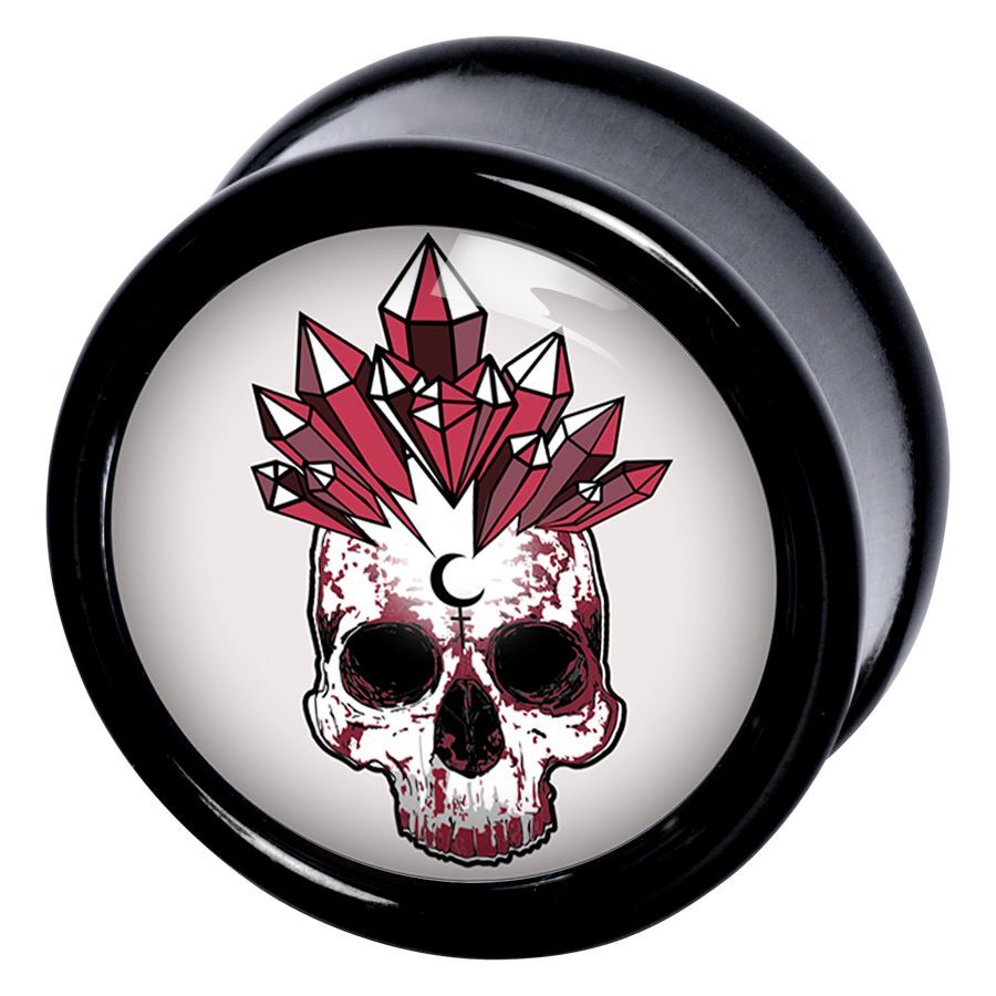 Crystal Skull Plug in nero e rosso Plug nero con motivo di teschio di cristallo rosso su sfondo bianco