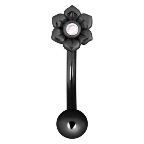 Piercing Bananabell nero con motivo floreale e cristallo chiaro su sfondo bianco