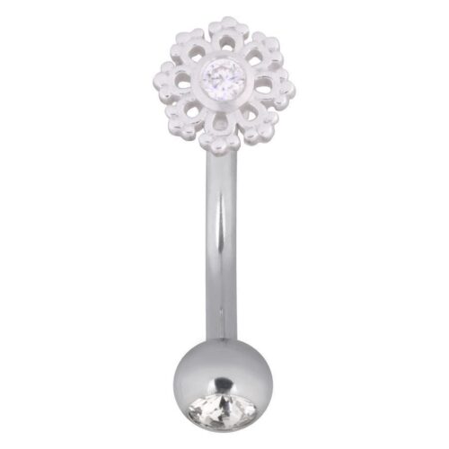 Snowflake Micro Bananabell in argento con pietra cristallina su sfondo bianco
