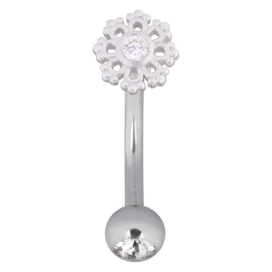 Snowflake Micro Bananabell in argento con pietra cristallina su sfondo bianco