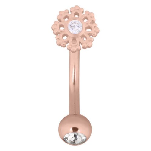 Micro Bananabell in oro rosa con design a fiocco di neve e cristalli chiari su sfondo bianco