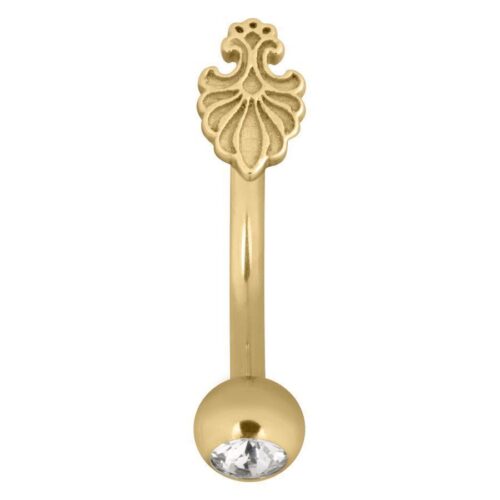 Micro Bananabell dorato con design barocco e cristallo su sfondo bianco
