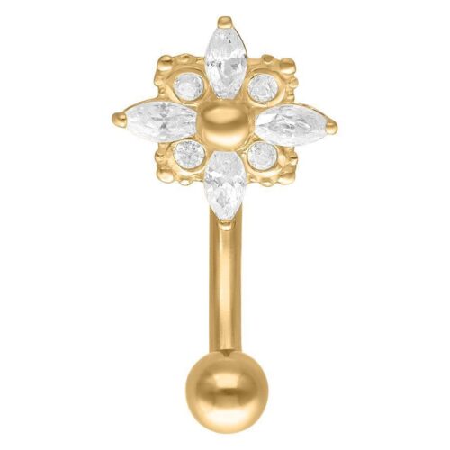 Bananabell dorato con pietre cristalline su sfondo bianco