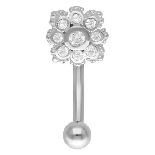 Micro Bananabell argento con decorazione floreale cristallina su sfondo bianco