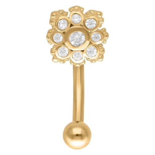 Micro Bananabell dorato con cristalli su sfondo bianco