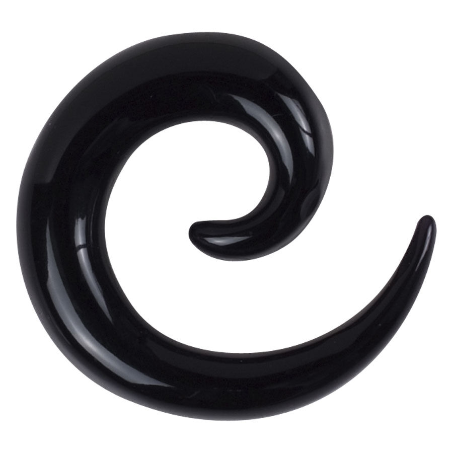 Spirale dilatatore nera in acrilico con superficie lucida su sfondo bianco