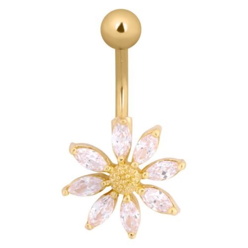 Piercing all'ombelico dorato a forma di fiore con cristalli chiari, su sfondo bianco