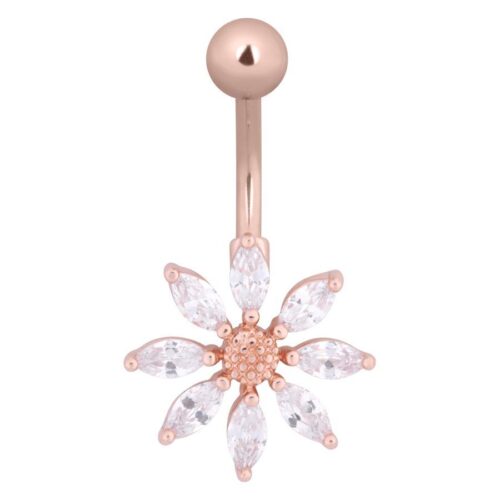 Piercing all'ombelico in oro rosa con petali di cristallo chiaro su sfondo bianco