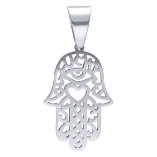 Pendente Chamsa in acciaio chirurgico 316L argentato su sfondo bianco