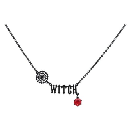 Collana Witch nera in acciaio chirurgico con cristallo rosso su sfondo bianco
