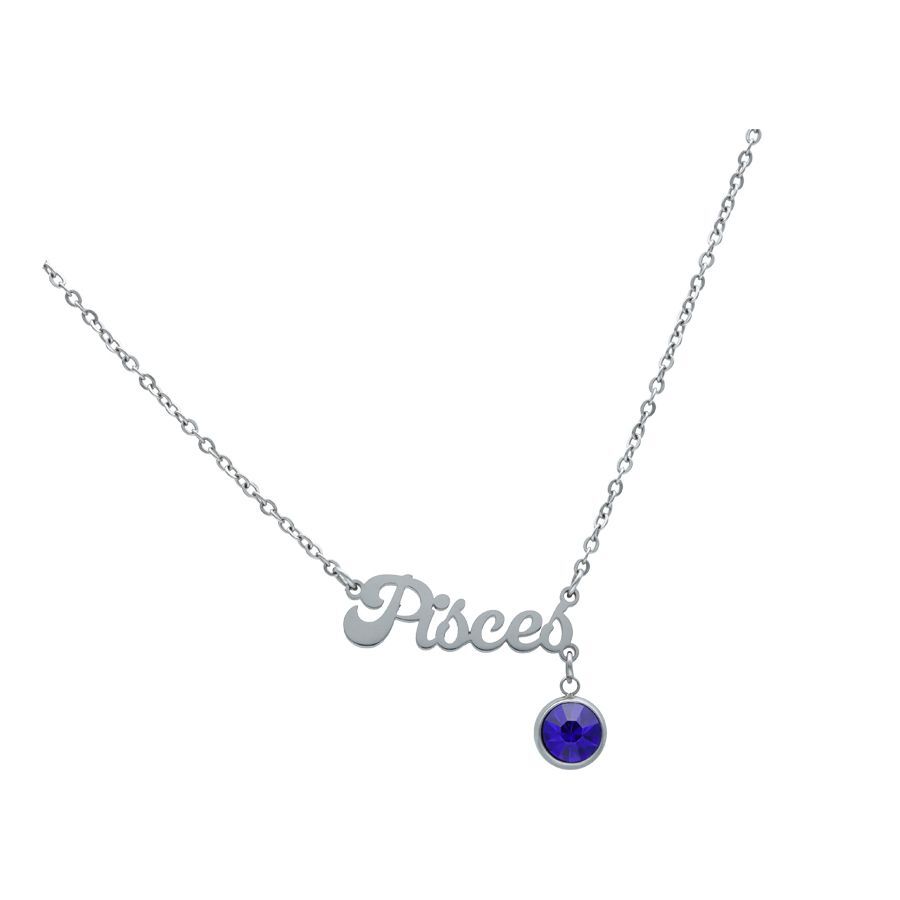 Collana Pesci in argento con cristallo blu Collana in argento con ciondolo Pesci e cristallo blu su sfondo bianco