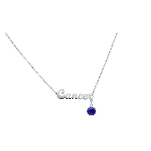 Collana argento con scritta 'Cancro' e pendente in cristallo blu su sfondo bianco