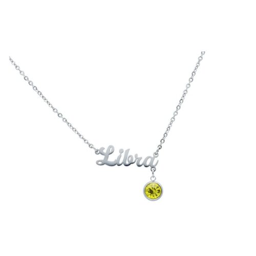 Collana Libra in argento con pendente di cristallo giallo su sfondo bianco