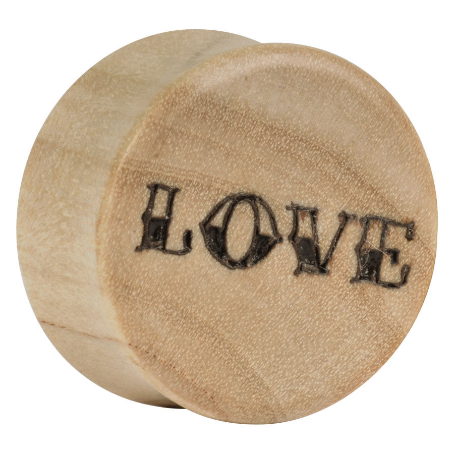 Wildcat Plug in legno con incisione 'Love' Plug rotondo in legno con incisione 'Love' su sfondo chiaro