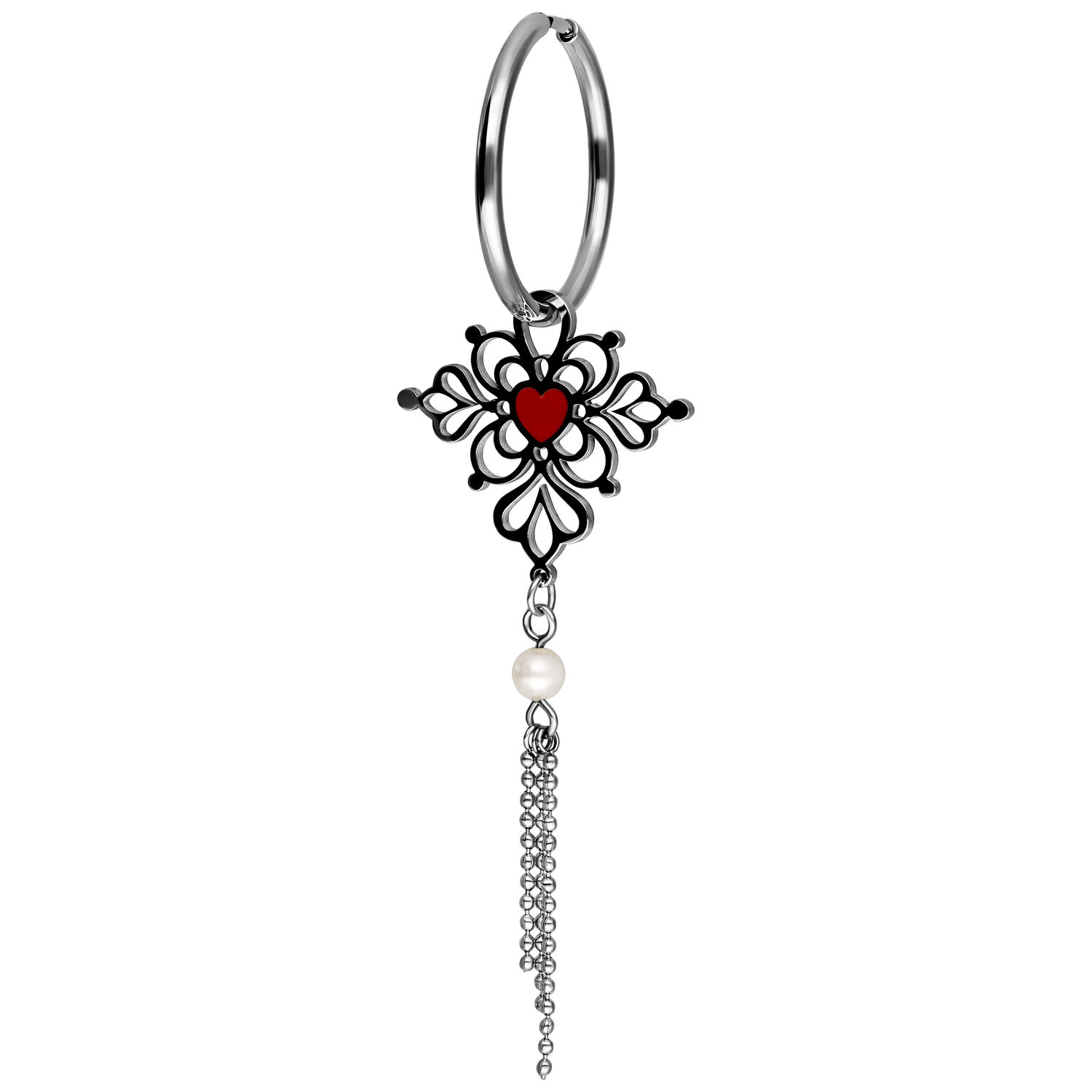 Orecchini a cerchio neri e argento con cuore rosso e pendente di perle su sfondo bianco