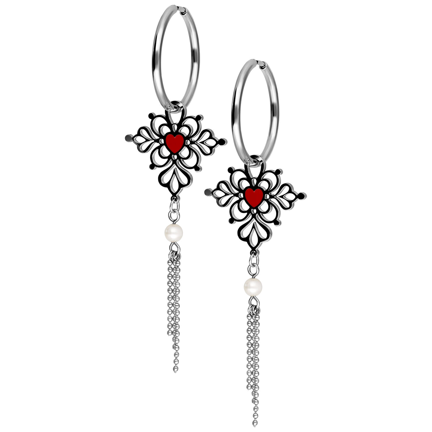 Orecchini a cerchio argento con design Sacred Heart nero e cuore rosso su sfondo bianco
