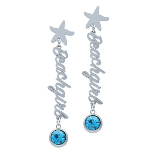 Orecchini in argento con scritta Beachgirl e cristallo color acquamarina su sfondo bianco