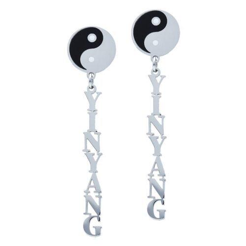 Orecchini Yin Yang in argento, placca rotonda con motivo Yin Yang nero e bianco, scritta pendente