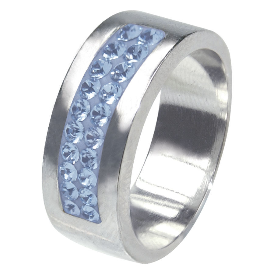 Anello in Cristallo 2 Linee Azzurro, Taglia 48 Anello argento con due file di cristalli azzurri su sfondo bianco